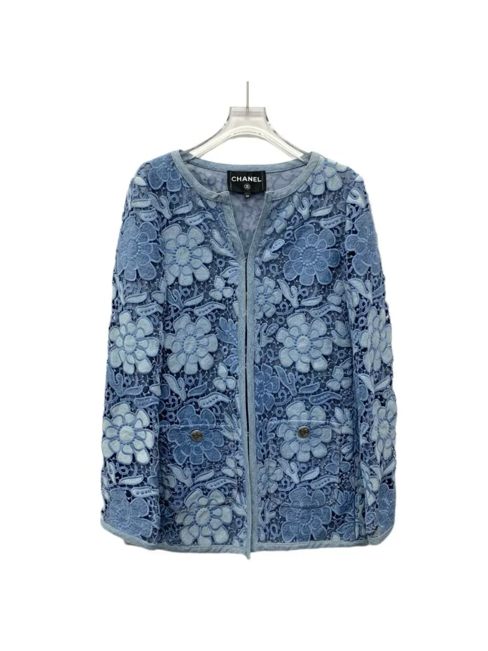 Chanel Blue Camellia Lace Embroidered Cotton Jacket